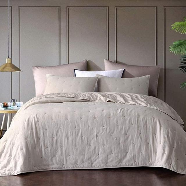 Bourina Reversible Quilt Coverlet Set Queen - Pre-Washed Microfiber Ultra Soft Lightweight Star Quilted Bedspread 3-Piece Quilt Set, Beige