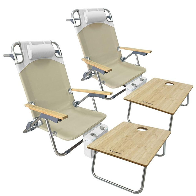 WKFAMOUT Folding Backpack Beach Chair 2 Pack Aluminum 5-Position with Samll Camping Table Bamboo Lay Flat Lounge Chair Outdoor for Adults with Insulated Cooler Bag