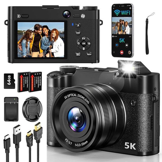 5K 64MP Digital Camera 3X Optical Zoom, WiFi Cameras for Photography & Video, Autofocus Vlogging Camera for YouTube, Travel Digital Camera with 64GB Card, 2 Batteries