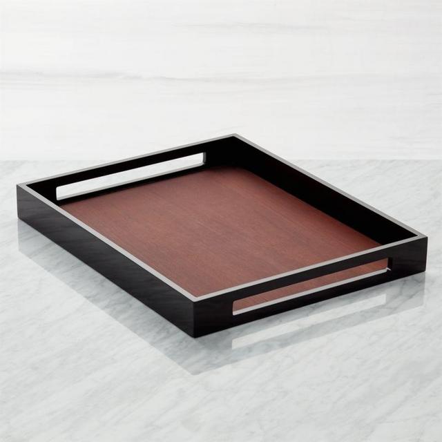 Crate and Barrel Grant Black and Wood Rectangular Serving Tray