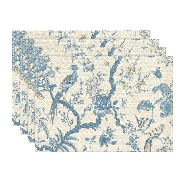 Artoid Mode Bird Floral Leaves Chinoiserie Fall Placemats Set of 4, 12x18 Inch Branches Seasonal Autumn Table Mats for Party Kitchen Dining Decoration