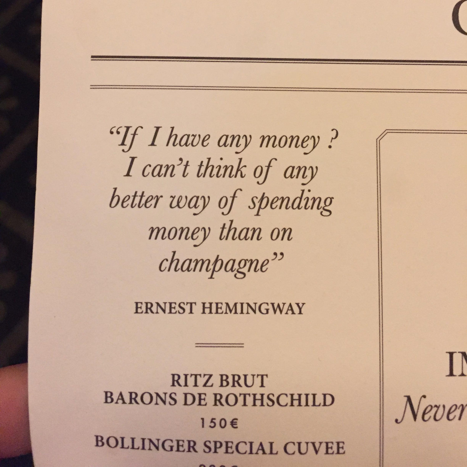 Menu at Hemingway Bar