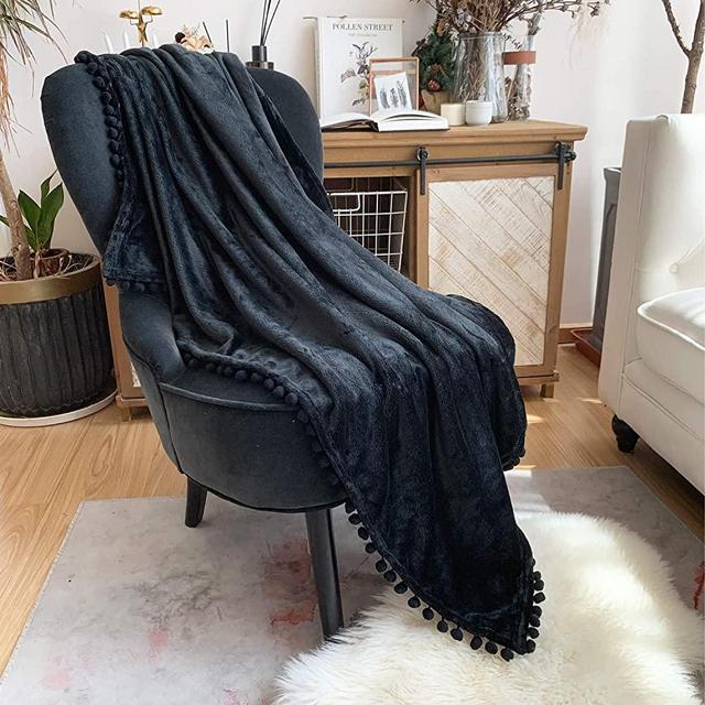 LOMAO Flannel Blanket with Pompom Fringe Lightweight Cozy Bed Blanket Soft Throw Blanket fit Couch Sofa Suitable for All Season (51x63) (Black, 51''x 63'')