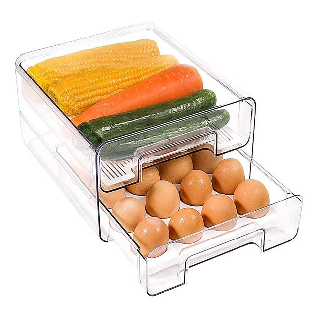 elabo 32 Grid Large Capacity Egg Holder for Refrigerator, Double Layer Drawer Type, Multi-Function Storage Drawer Container Organizer, BPA-Free, Clear, with Removable Egg Tray and Drain Tray