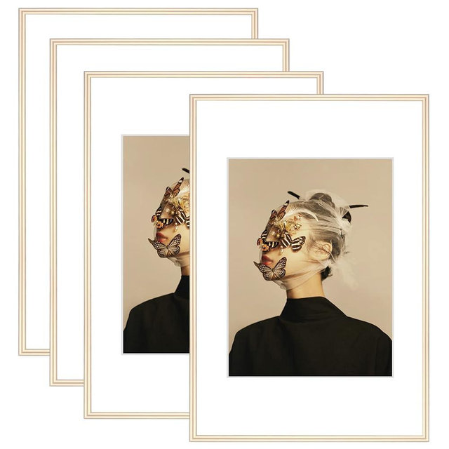 Fkvat 8x12 Picture Frame Set of 4, Matted Brass Simple Modern Brushed Thin Aluminum Metal Photo Frame Fits 6x8 with Mat or 8 x 12 without Mat Vertical and Horizontal for Tabletop and Wall Mounting