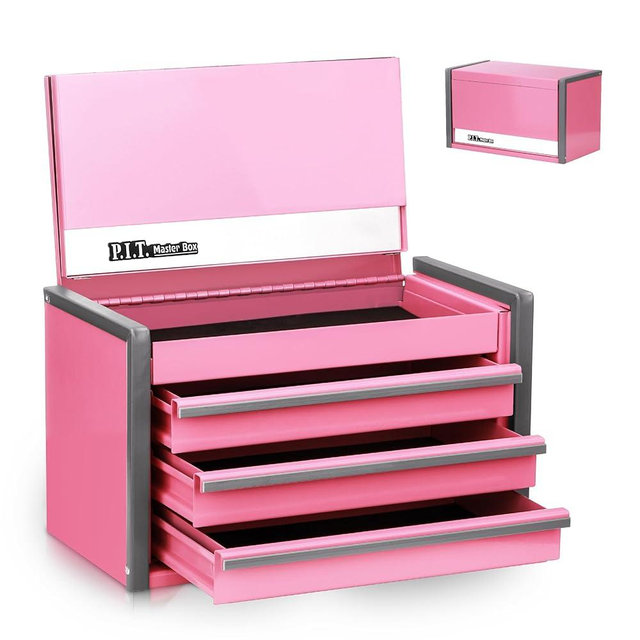 P.I.T. Mini Pink Tool Box, Portable 3 Drawer Steel Stackable Tool Box with Magnetic Tab Locking, Pink Micro Top Chest with Liner for Tools Storage and Organizers, Home DIY