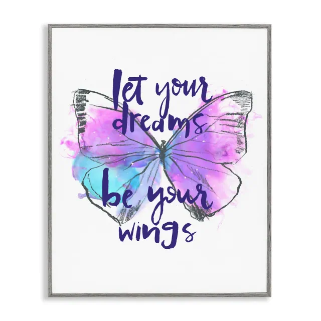 Stupell Industries Dreams Quote Purple Butterfly Framed Giclee Art, Gray, 11" x 14"