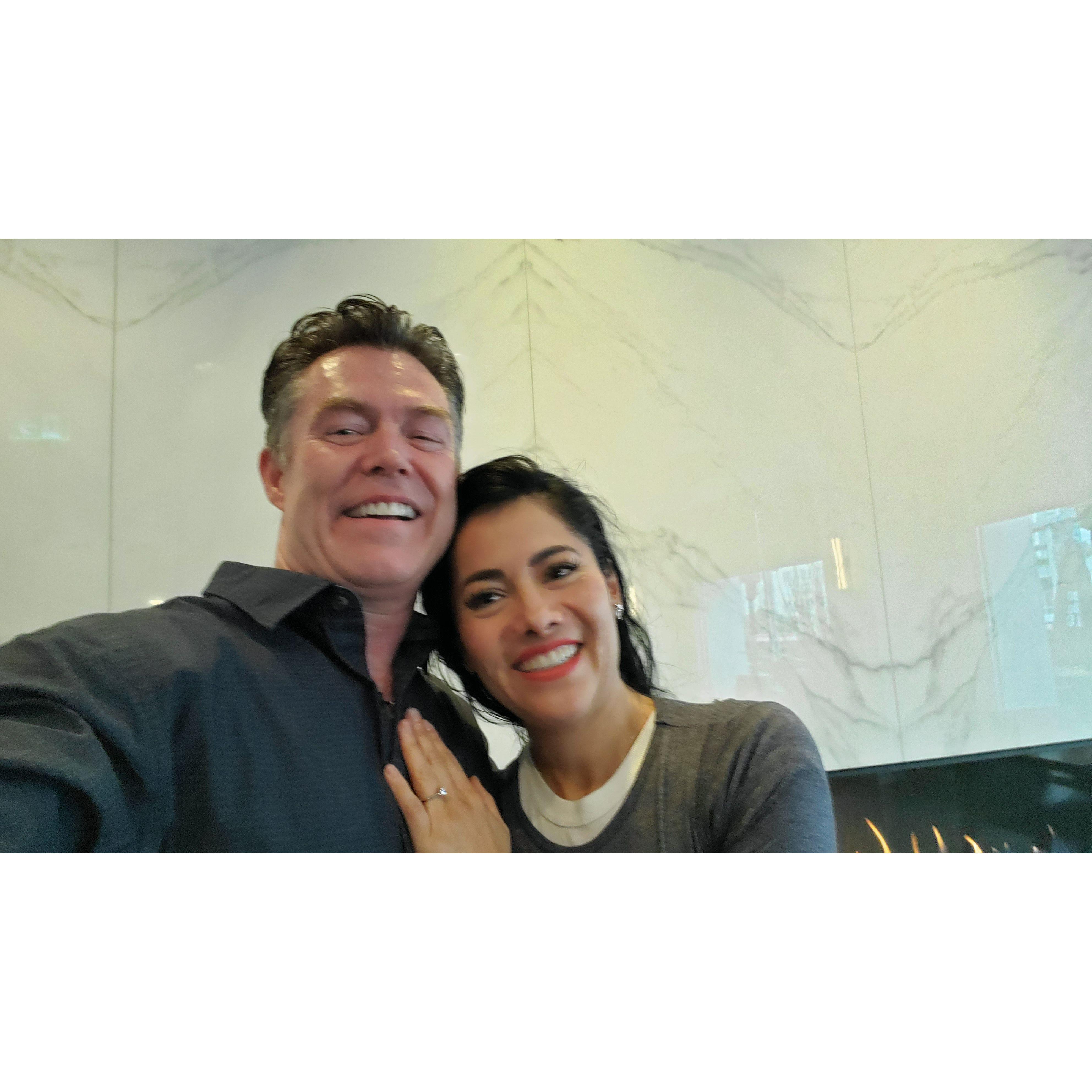 Surprise engagement in Vancouver!
The wedding date would be exactly one year later.