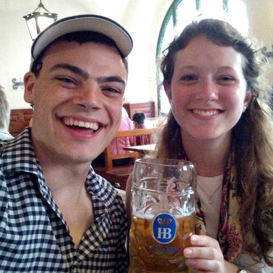 Sarah's first beer at the Hofbrau House!