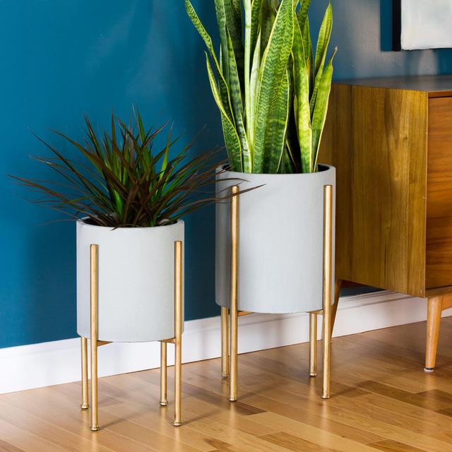 Aspire Mid Century Planter with Metal Stand – 12.5 Inch Plant Pot, Set of 2, Indoor Plant Stand for Home Decor – Gray