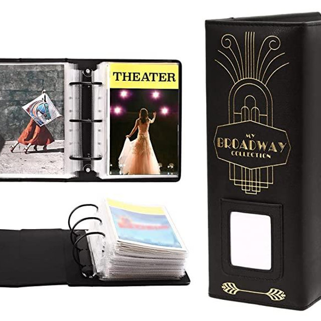 2Fold Binder for Holding Broadway Play Program and Theater Programs with 30 Custom Sheet Protectors - PU Leather - Fits Programs from Mid 1980s to Modern (Black/Gold Foil w/Window)