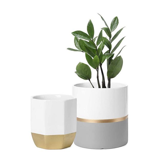 POTEY 052301 Ceramic Planter Pots Indoor - Set of 2 Modern Cylinder Planter + Octagon Plant Pot, White Grey Golden Decorative Detailing Containers for Aloe Plants Flower (6.1 inch + 5 inch)