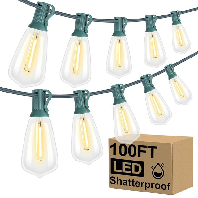 Brightever LED Outdoor String Lights 100FT Patio Lights with 52 Shatterproof ST38 Vintage Edison Bulbs, Outside Hanging Lights Waterproof for Porch, Deck, Garden, Backyard, Balcony, Green Wire