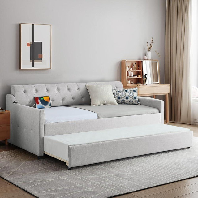 Antetek Daybed with Pop Up Trundle, Modern Button Tufted Linen Upholstered Sofa Bed Frame, Twin to King Size Day Bed w/USB & Type C Port for Bedroom, Living Room, No Box Spring Needed, Beige