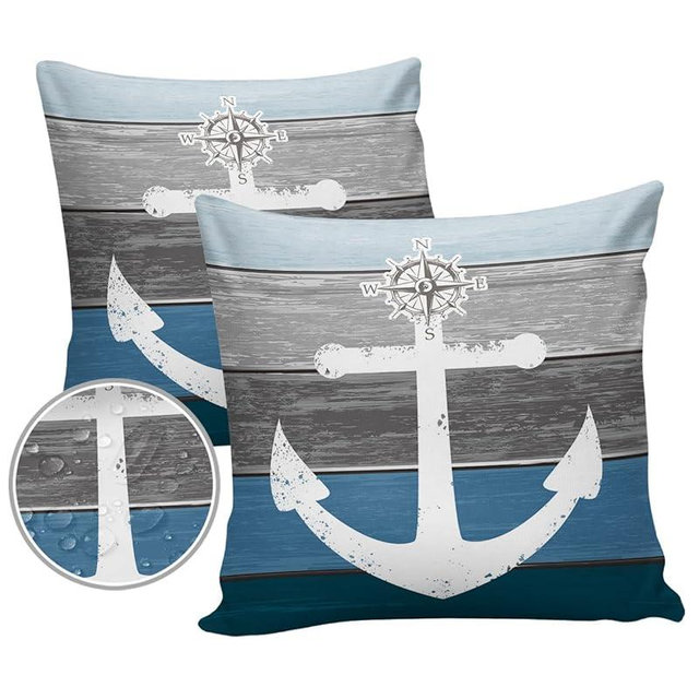 Outdoor Waterproof Throw Pillow Cover Nautical White Anchor Decorative Pillows Cushion Covers Vintage Blue Grey Farm Wood Plank 2 Pack Pillow Cases for Patio Garden Balcony Couch Sofa 16x16In