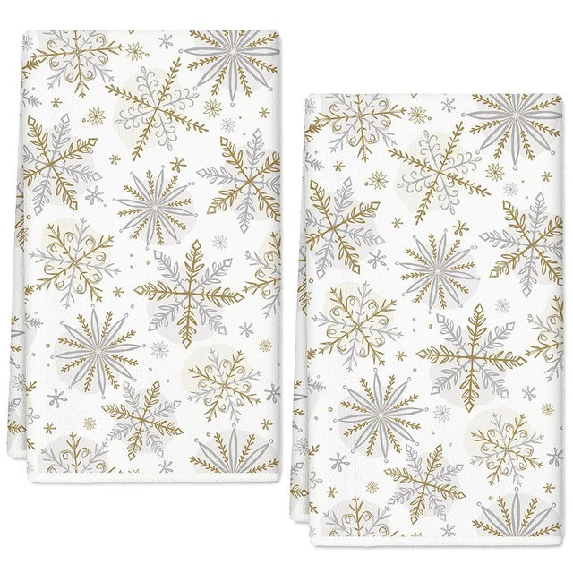 AnyDesign Christmas Kitchen Towels 18 x 28 Inch Silver Gold Snowflake Dish Towel Xmas Winter Absorbent Hand Drying Tea Towel for Cooking Baking, 2Pcs
