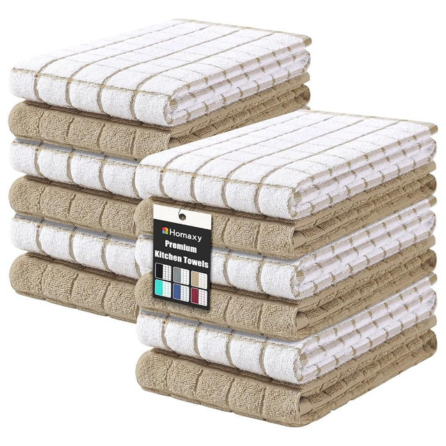 Homaxy Premium Cotton Kitchen Towels 16"x 28", Large Natural Ring Spun 390 GSM Dish Towels, Super Absorbent Terry Kitchen Hand Towels, Soft Tea Towels with Hanging Loop, Tan Check Design, 12 Pack