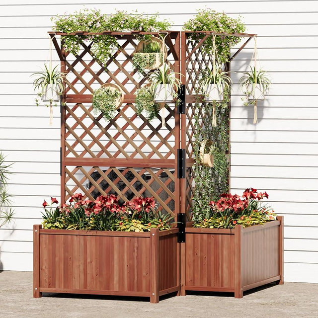 AMERLIFE 2 Pack Raised Garden Bed with Trellis for Vegetables, Climbing Plants, Durable Natural Wood Planter Box with Drainage Holes, Privacy Planter for Outdoor Yard & Patio, Easy Assembly