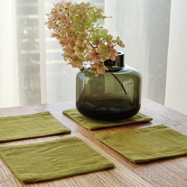 Natural linen coasters in olive green, terracotta and ocean colors, Double layer linen coasters, Washed linen coasters, Handmade coasters.