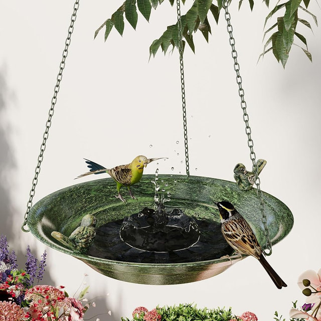 FormaCraft 12'' Metal Hanging Bird Bath with Solar Fountain, Vintage Bird Bath Bowl, Bird Feeder with Bird Bath Bubbler for Outdoors, Garden, Patio Decor (Bronze Green)
