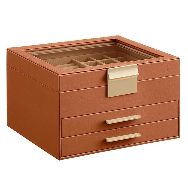 SONGMICS Jewelry Box with Glass Lid, 3-Layer Jewelry Organizer, 2 Drawers, for Big and Small Jewelry, Jewelry Storage, Modern Style, 8 x 9.1 x 5.3 Inches, Caramel Brown and Gold Color UJBC239K01