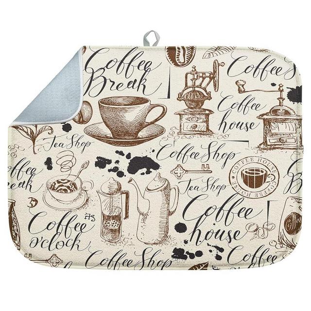 Absorbent Dish Drying Mat, Coffee House Blobs Inscriptions Suitable Microfiber Pad for Kitchen Counter, Coffee Bar Decor, Heat Resistant and Reversible, Heat Resistant and Reversible, 16" x 18"