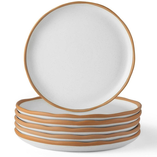Lareina Ceramic Dinner Plates Set of 6, 10 Inch Stoneware Dish Set with Wavy Rim Specks, Modern Rustic Dinnerware Plate Set Kitchen Porcelain Serving Dishes, Matte Vanilla White