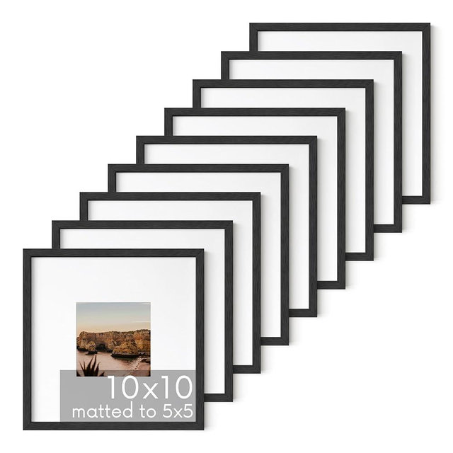 HAUS AND HUES Black Oak Wood 10x10 Picture Frames - Set of 9, Square Frames with Mat, Modern Frames for Posters and Gallery Wall (10x10 in, Black, Set of 9)