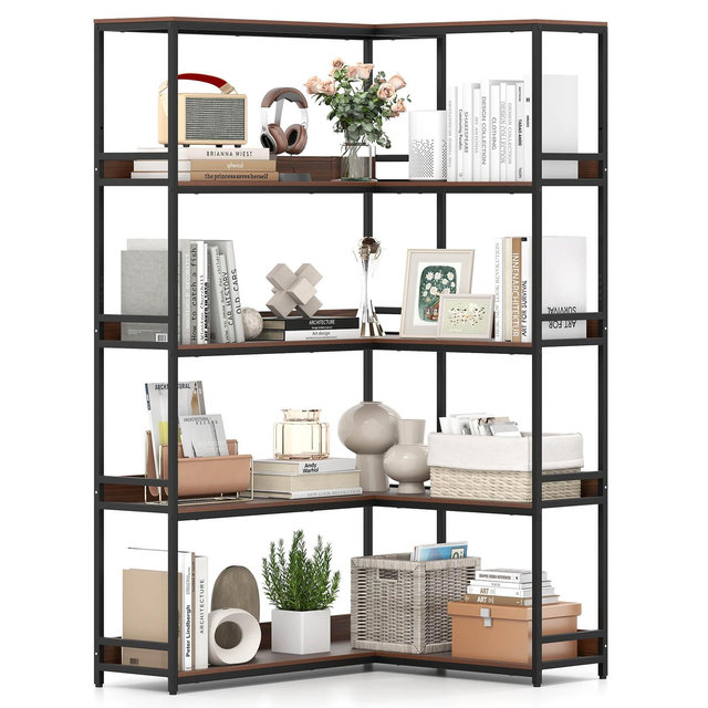Costway Corner Bookshelf 5-Tier L-Shaped Bookcase 71" Tall Etagere Bookshelf Walnut