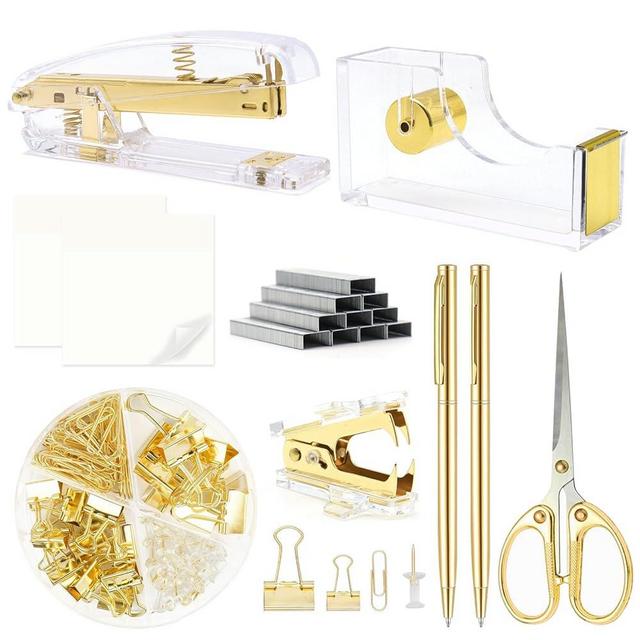 Gold Office Supplies,UPIHO Gold Desk Accessories,Stapler and Tape Dispenser Set with Large Stapler,Tape Dispenser, Staple Remover, Staples, Clips,Scissor,Pen and Sticky Notes,Gifts for Office Clerks