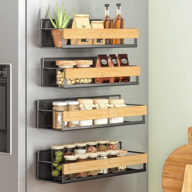 SONGMICS Magnetic Spice Rack for Refrigerator, 4 Pack, 2 Large and 2 Small Kitchen Magnetic Shelves for Washing Machine, Spice Organizers, No Drilling Needed, Ink Black and Light Bamboo UKCS062BH01