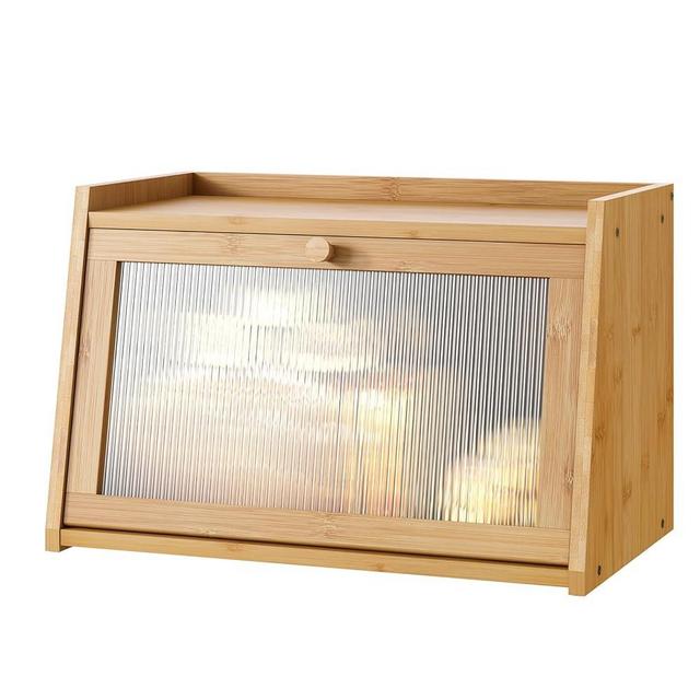 kiplant Bread Box for Kitchen Counter, Bamboo Bread Storage Container with Wavy Arcylic Transparent Door, Bamboo Wooden Farmhouse Bread Box for Your House