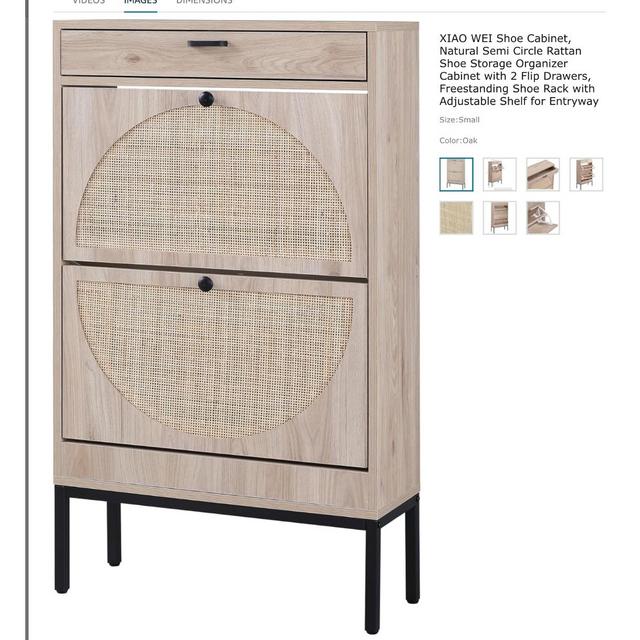 XIAO WEI Shoe Cabinet, Natural Semi Circle Rattan Shoe Storage Organizer Cabinet with 2 Flip Drawers, Freestanding Shoe Rack with Adjustable Shelf for Entryway