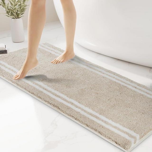 PURRUGS Non-Slip Bathroom Rug 24" x 60" - Super Absorbent & Quick Dry Shaggy Microfiber Bath Mat, Machine Washable Plush Throw Rug for Bathtub, Shower and Sink, Beige