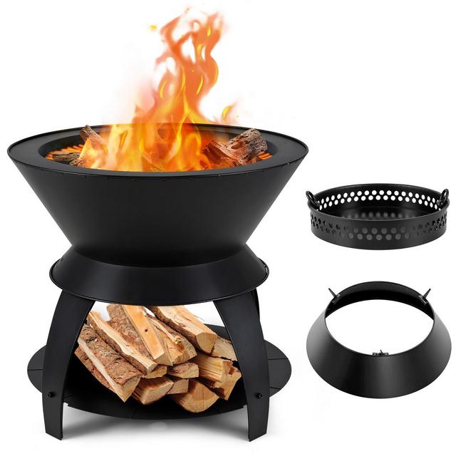 Costway 3-in-1 Patio Fire Pit 20" Metal Camping Fire Bowl w/ Pot Holder & Storage Shelf