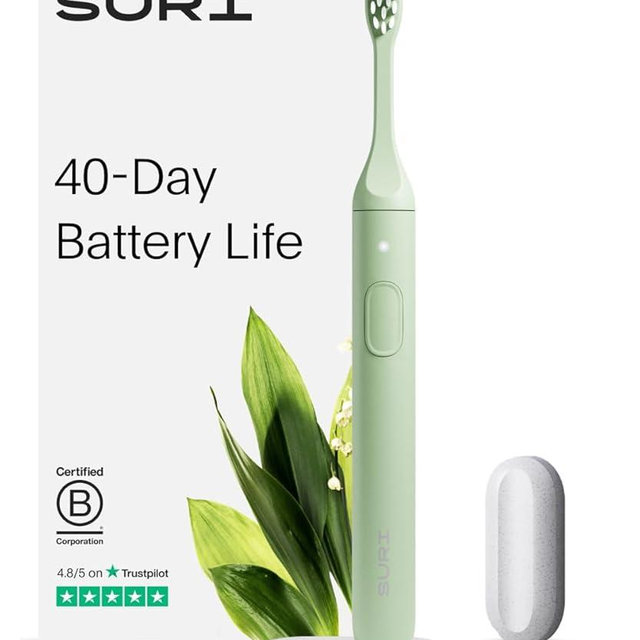 SURI Electric Toothbrush—Sustainable Electric Toothbrushes Adults, Slim Sonic Toothbrush & Accessories, 40-Day Battery, 2 Modes, Travel Toothbrush, Ideal Christmas Gifts for Women & Gifts for Men