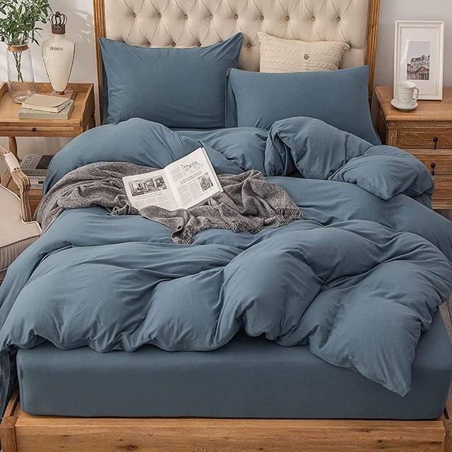 PURE ERA Jersey Knit Duvet Cover Set 100% T-Shirt Cotton Super Soft Comfy 3pc Bedding Set with Zipper Closure (Solid Cerulean Blue, King)