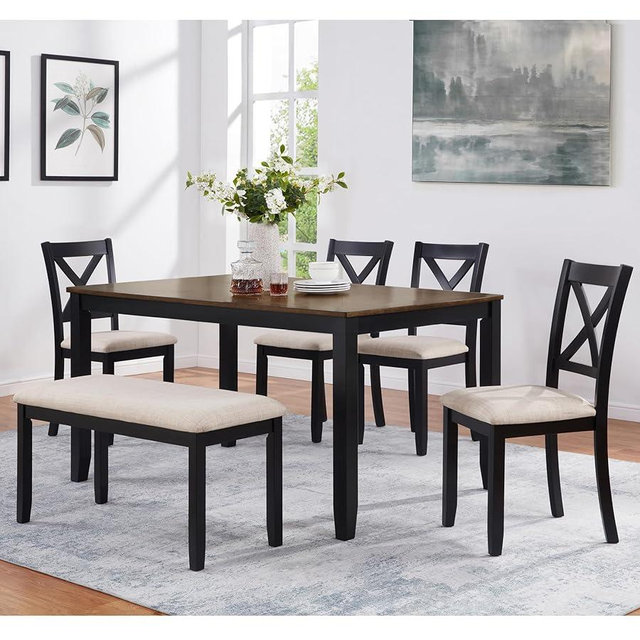 LUMISOL 6 Piece Dining Table Set with Bench, Wooden Kitchen Table Set for Kitchen, Dining Room, Black+Oak