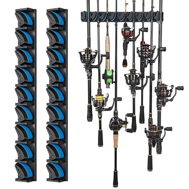 PLUSINNO 2 pack Vertical Fishing Rod rack, Wall Mounted Fishing Rod holder, 2 Packs Fishing Pole Holders Hold Up to 18 Rods or Combos, Fishing rod holders for garage, Fits Most Rods of Diameter 3-19mm