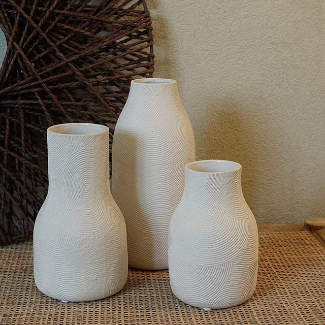 Ceramic Vases for Home Decor - Matte White Textured Vase Set of 3, Decorative Vases for Flowers, Pampas Grass Arrangement, Table Centerpieces, Office and Living Room Decor