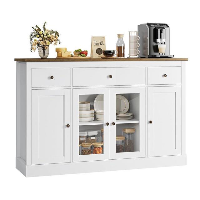 HOSTACK Sideboard Buffet Cabinet with Storage, 55" Large Kitchen with 3 Drawers Glass Doors, Modern Farmhouse Coffee Bar Cabinet, Wood Buffet Table Dining Room Cabinet, White