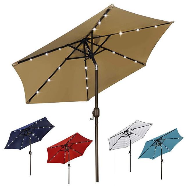 Blissun 7.5 ft Solar Umbrella 18 LED Lighted Patio Umbrella Table Market Umbrella with Tilt and Crank Outdoor Umbrella for Garden, Deck, Backyard, Pool and Beach, Tan