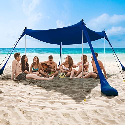 COMMOUDS Beach Tent Canopy with 4 Aluminum Poles, UPF50+ Pop Up Beach Sun Shelter, Portable Beach Sun Shade for 4-5/6-8 Person, Easy Set Up for Beach, Camping, Fishing, Backyard and Outdoor