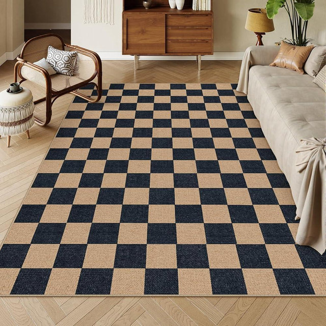 Lahome Checkered Easy Jute Carpet, Washable Area Rug 6x9 Neutral Outdoor Patio Rug, Farmhouse Checkerboard Non Slip Non Shedding Floor Carpet for Dining Living Room Deck Sunroom