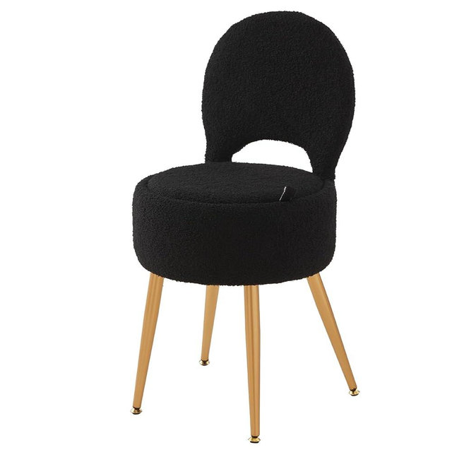 ZYKZYK Small Vanity Stool Chair with Storage and Folding Back,4 Metal Legs with Anti-Slip Feet,Round Ottoman with Velvet Seat, Furry Padded Seat for Makeup, Bedroom (Black, Small)