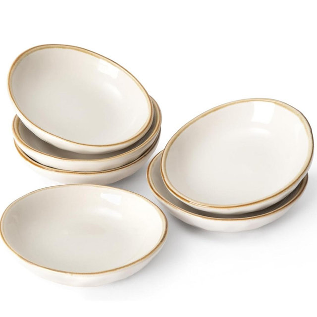 famiware Ocean Soy Sauce Dishes of 6, Oval Dipping Sauce Cups/Bowls/Dishes for Kitchen, 2.1oz Ceramic Small Bowls for Side Dish, Appetizers, Snacks, and Sushi, Dishwasher Safe, Vanilla White