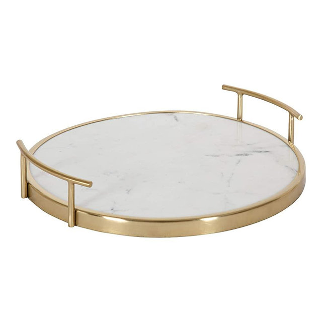Kate and Laurel Marbury Modern Round Tray, 14 inch Diameter, White Marble and Gold, Contemporary Marble Tray for Storage and Display