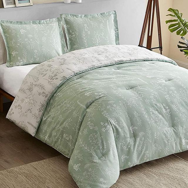 Bedsure Floral Comforter Set Queen Size Bed Sage Green & White, Flower & Plant Printed Reversible Botanical Comforter All Season Duvet Set, Full Size 3 Piece Bedding Set with 2 Pillow Shams