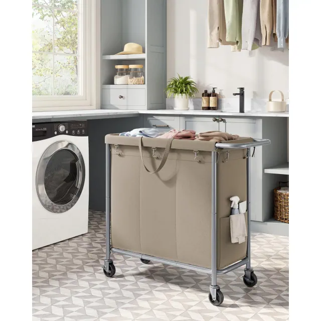 Laundry Basket with Wheels, 3-Section Rolling Laundry Hamper, 52.8 Gallons , Blanket Storage Camel Brown