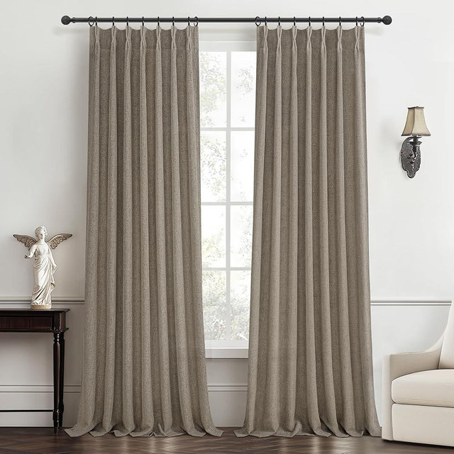 Pinch Pleated Dark Flax Privacy 105 Inch Length Curtains That Let Light in 2 Panels Set, Natural Linen Light Filtering Semi Sheer Tan Memory Trained Elegant Boho Extra Long Curtain for Nursery Room